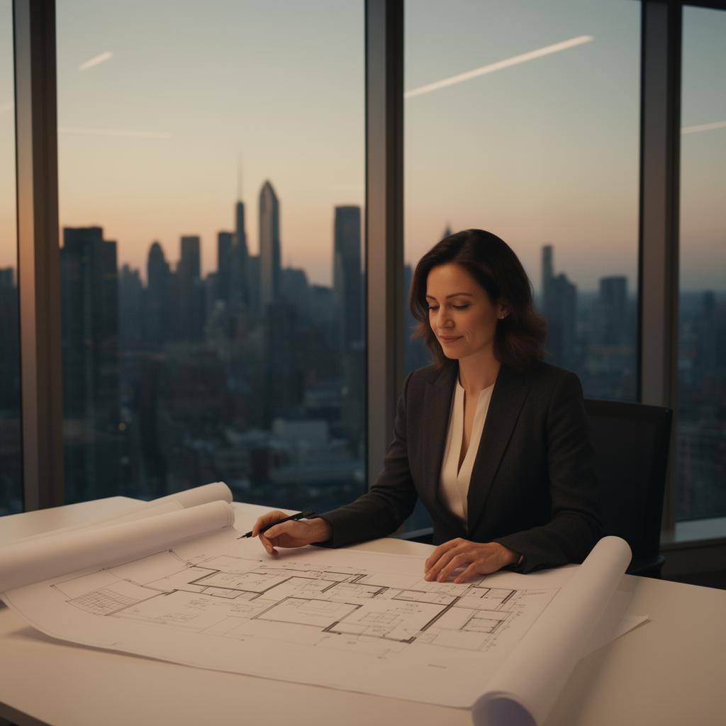 Líder profesional revisando planos frente a la ciudad